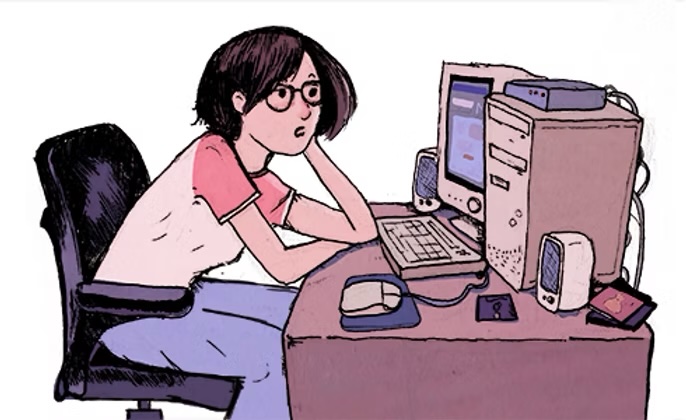 An illustration of a person with short dark hair and glasses sitting at a computer desk. There's a late 90s era computer, with multiple peripherials attached in front of them. They look at the computer screen with a frustrated expression